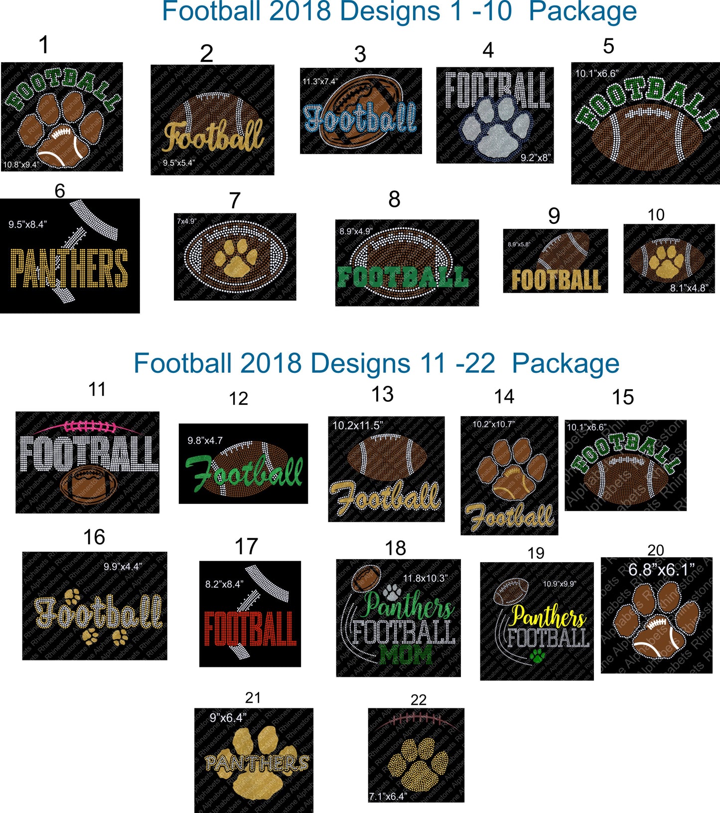 Football Pack 3 Designs 1-22 2018 - Rhinestone TTF  Alphabets and Rhinestone Designs